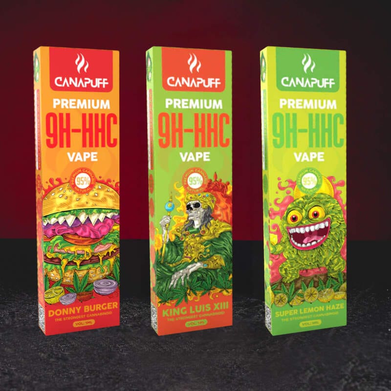 9H-HHC Vape 95% 1ml – prémiové jednorázové vape s inovativním kanabinoidem 9H-HHC ve variantách Super Lemon Haze, Rainbow Runtz, King Luis XIII a Donny Burger