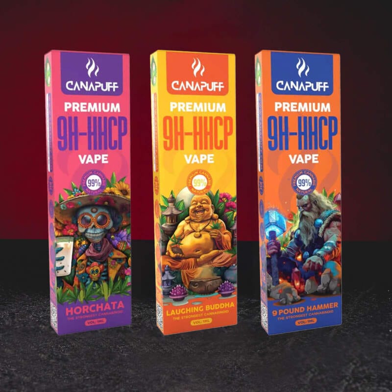 9H-HHCP Vape 99% 1ml – prémiové jednorázové vape s kanabinoidem 9H-HHCP ve variantách 9 Pound Hammer, Laughing Buddha a Horchata
