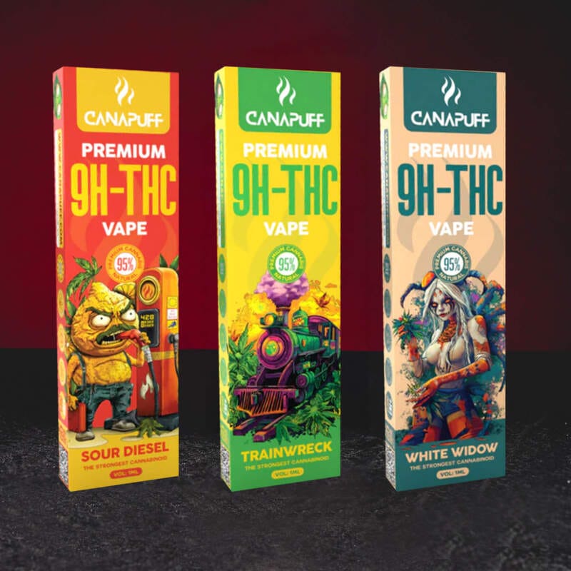 9H-TH Vape 95% 1ml – prémiové jednorázové vape s kanabinoidem 9H-TH ve variantách Sour Diesel, Trainwreck a White Widow