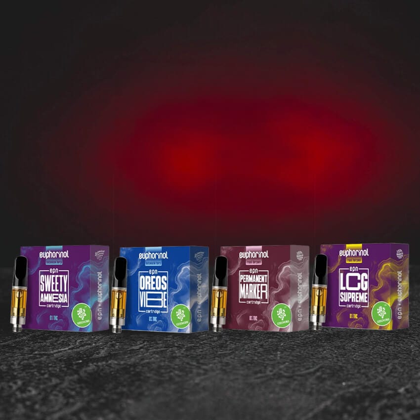 EPN cartridge 1ml set všech čtyř variant Sweety Amnesia, LCG Supreme, Oreos Vibe a Permanent Marker, polosyntetický kanabinoid EPN z USA, euforické a povzbuzující profily, kompletní nabídka Kratom World