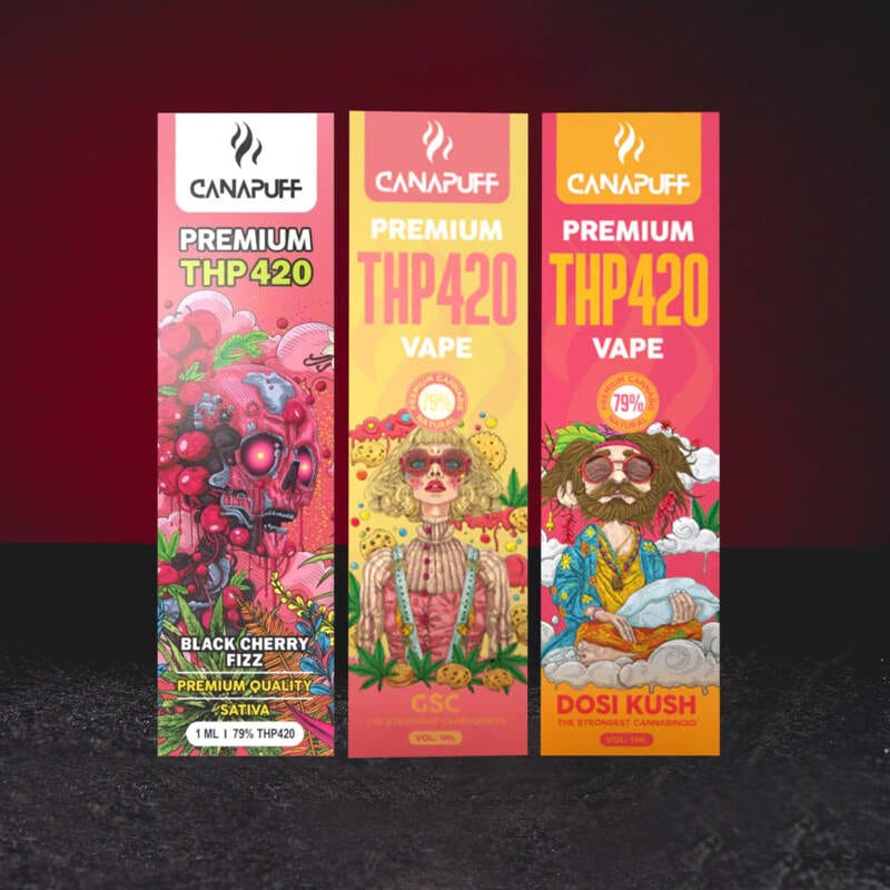 Group Photo: THP420 Vape Pen 79% 1ml – prémiové jednorázové vape pero s kanabinoidem THP420 ve variantách Black Cherry Fizz, GSC a Dosi Kush