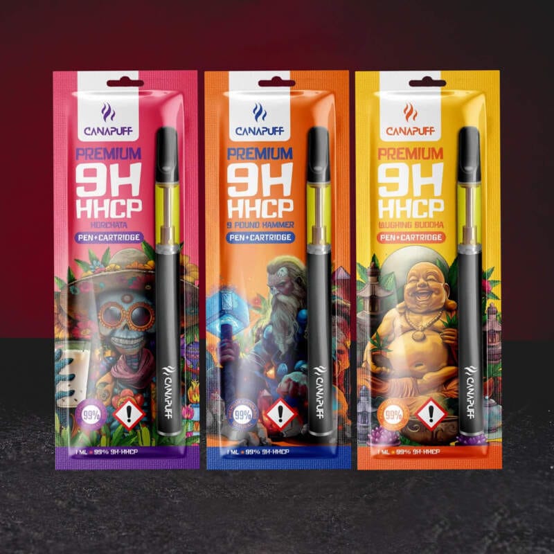 Vape Set 9H-HHCP 99% 1ml – prémiový vape set s kanabinoidem 9H-HHCP ve variantách 9 Pound Hammer, Laughing Buddha a Horchata