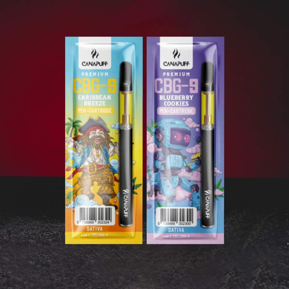 Vape Set CBG9 79% 1ml – prémiový vape set s kanabinoidem CBG9 ve variantách Blueberry Cookies a Caribbean Breeze