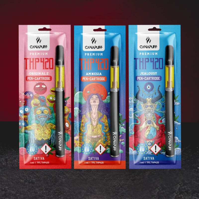 Group Photo: Vape Set THP420 1ml 79% – prémiový vape set s kanabinoidem THP420 ve variantách Jealousy a Original Z amnesia