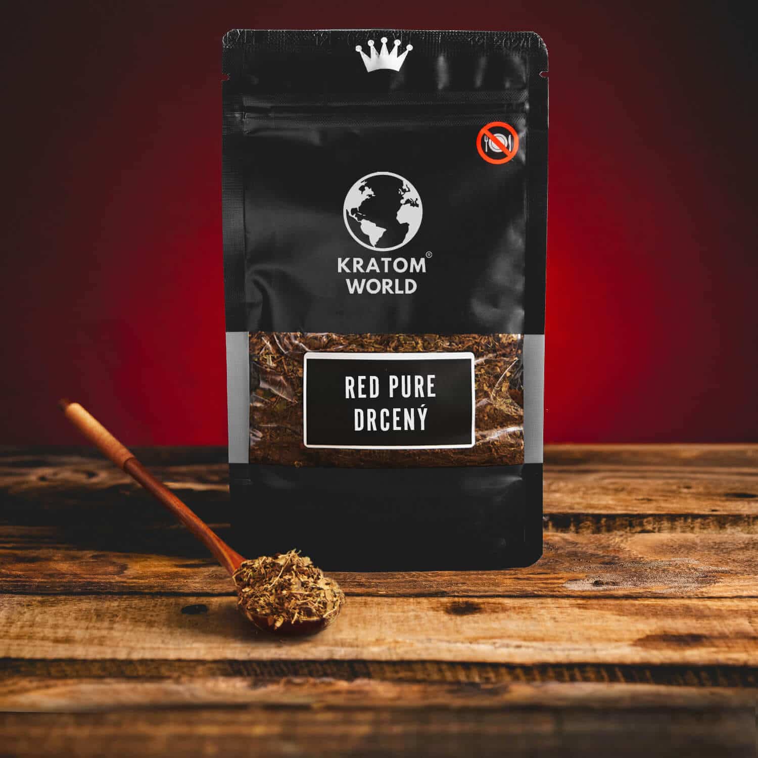 Kratom World Red kratom listy drcený červený se lžičkou