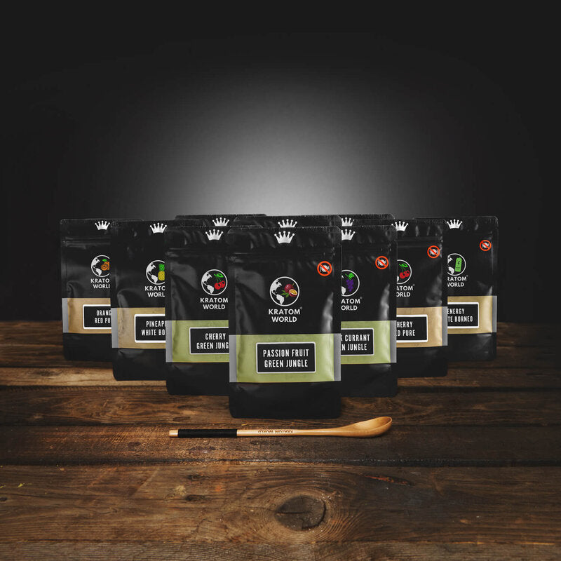 Ochucený starter pack všechny příchutě, pomeranč citron černý rybíz energy drink Red Bull Ananas Grepfruit Třešeň Kratom World Green White Red Zelený Jungle Bílý Borneo Červený Pure Čistý 8x10g