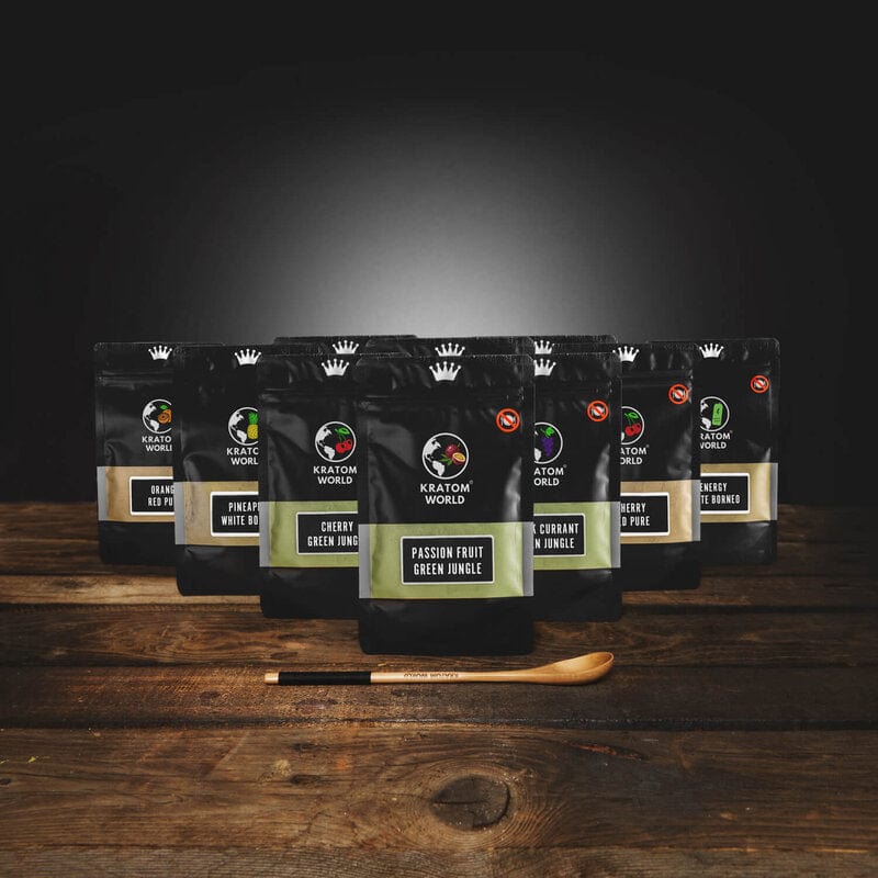 Ochucený starter pack všechny příchutě, pomeranč citron černý rybíz energy drink Red Bull Ananas Grepfruit Třešeň Kratom World Green White Red Zelený Jungle Bílý Borneo Červený Pure Čistý 8x100g