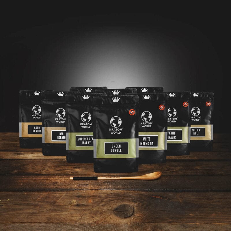 Kratom World Starter Pack Balíček Vzorků Zelený Červený Zlatý Bílý Kratom Prášek se lžičkou 10 x 50g